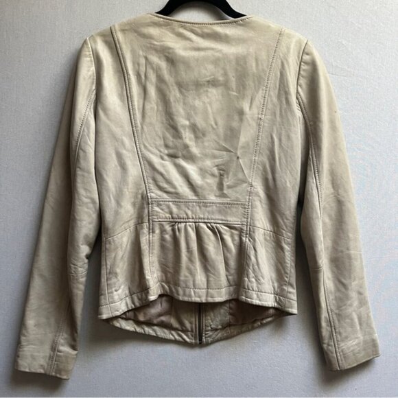 Hinge beige scoop neck zipper leather jacket Sz M - Picture 3 of 15